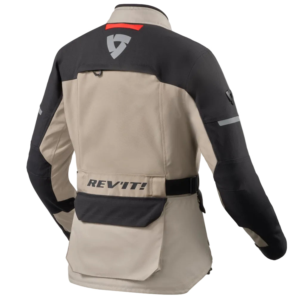 Beige and black motorcycle jacket with Revit logo on a white background