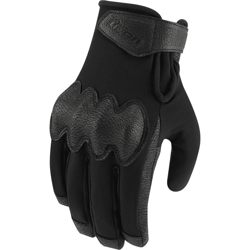A black full-finger glove with textured black leather-like palm and wrist strap, shown against a solid white background.