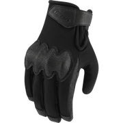 A black full-finger glove with textured black leather-like palm and wrist strap, shown against a solid white background.