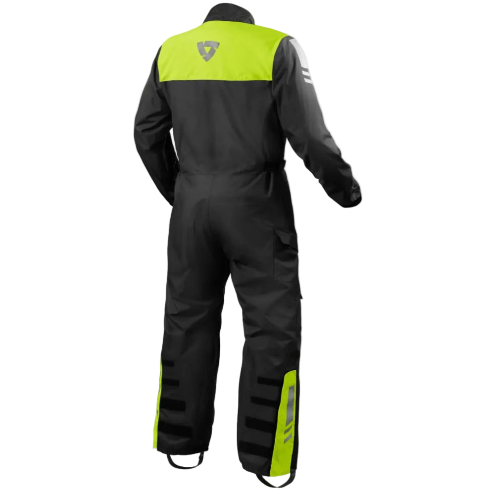 Black and neon green snowmobile suit on a white background