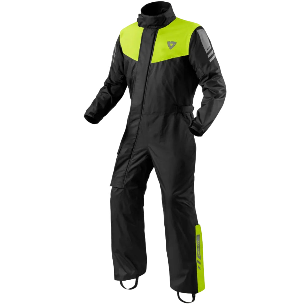 Black and neon yellow rain suit on a white background