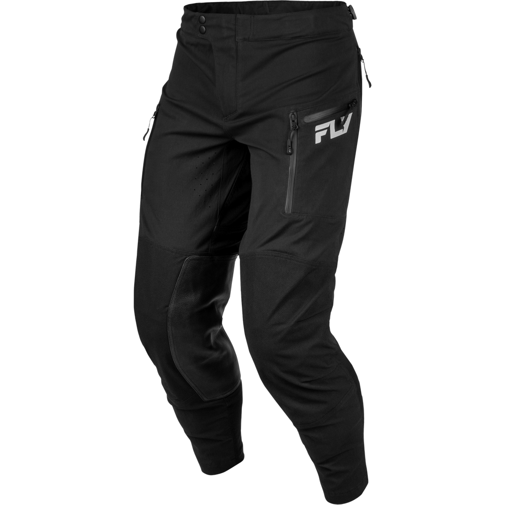 Black technical riding pants with a zippered pocket on the left thigh featuring a white FLY logo, shown on a white background.