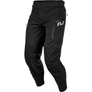 Black technical riding pants with a zippered pocket on the left thigh featuring a white FLY logo, shown on a white background.