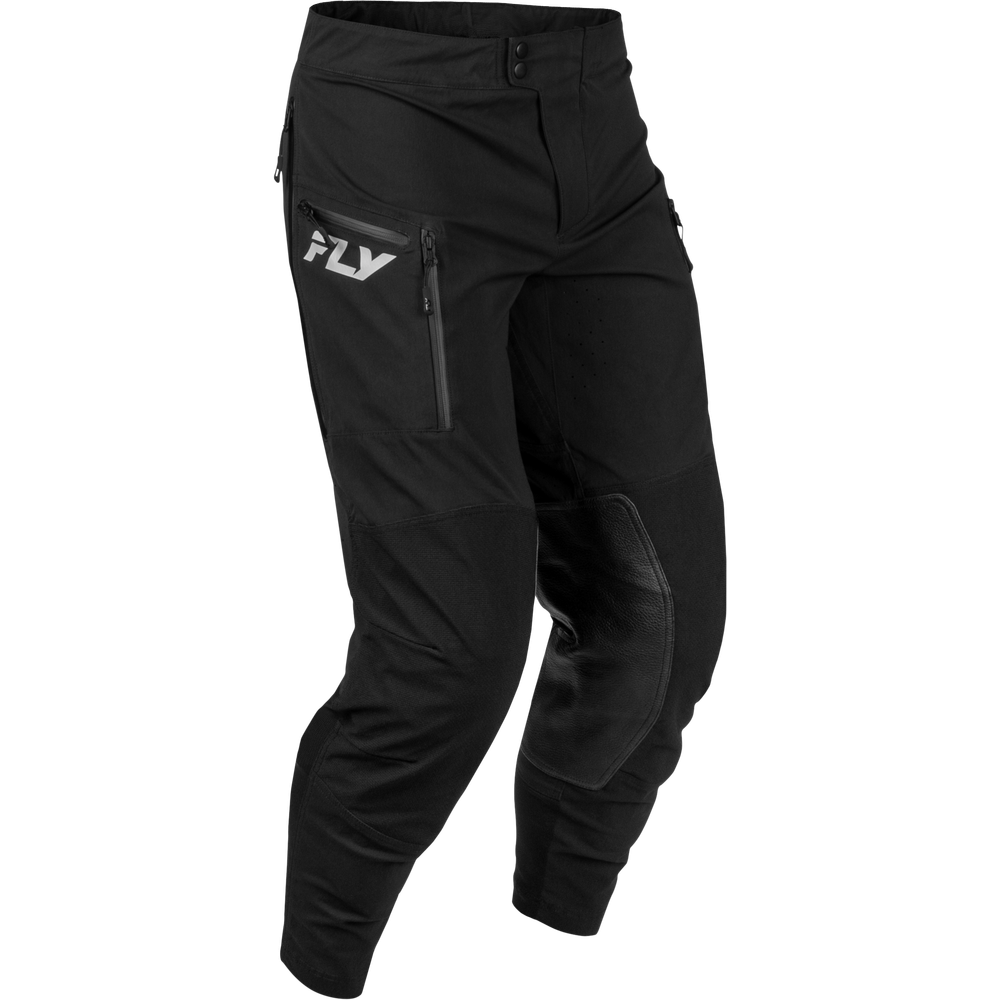 Black Fly brand motocross pants with a white logo on the side pocket, shown against a plain white background.