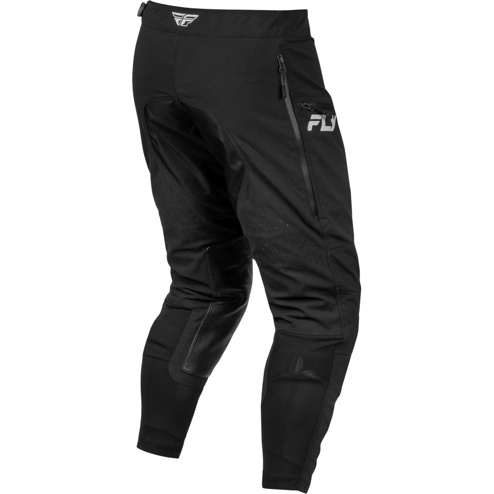 Black Fly Racing motocross pants with a zippered side pocket and white logo details, shown on a plain white background.