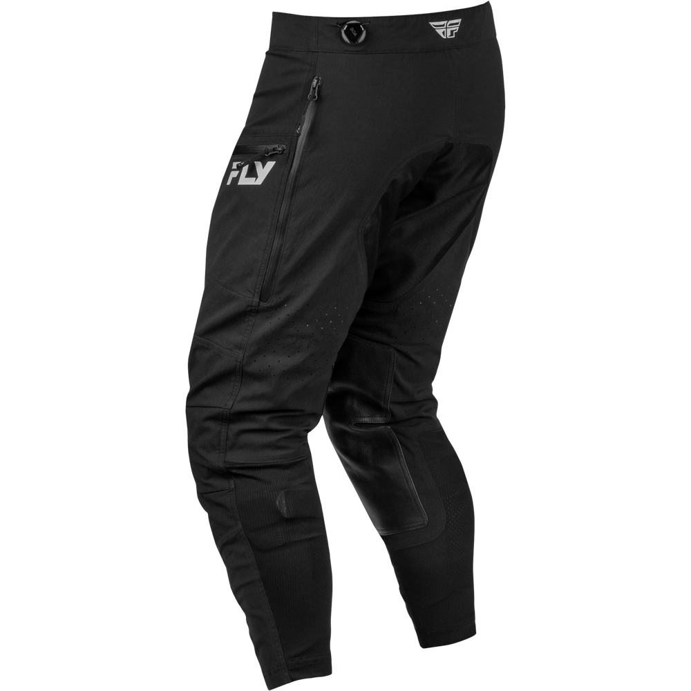 Black Fly brand motocross pants with a zippered pocket on the left thigh and a small white logo on the upper right hip, shown against a plain white background.