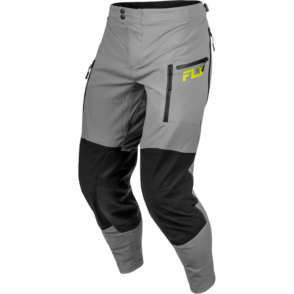 Gray and black technical riding pants with a bright yellow FLJ logo on the upper left thigh, shown on a plain white background.