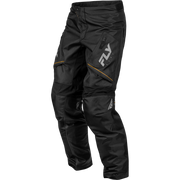 Black Fly Racing motocross pants with a large white logo on the upper left thigh and subtle yellow piping accents, shown on a plain white background.