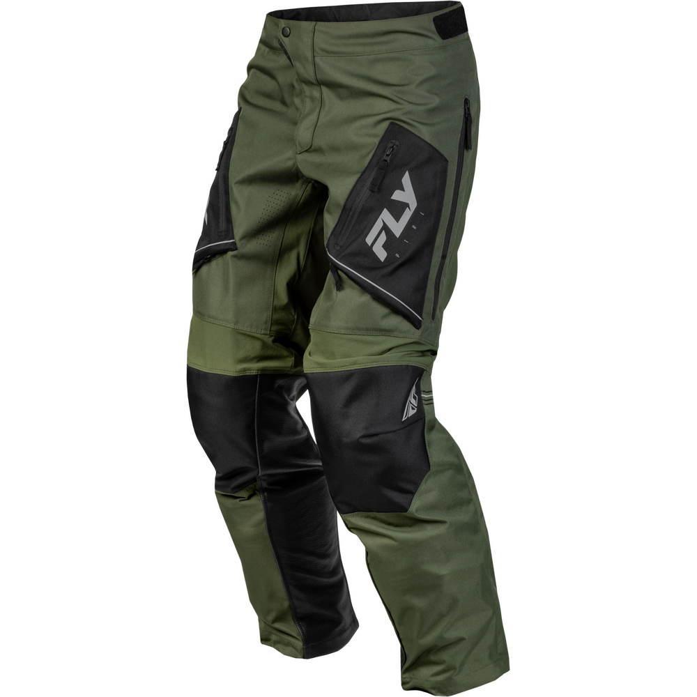 Green and black motocross pants with a large black thigh pocket featuring a white 'FLY' logo, shown on a plain white background.