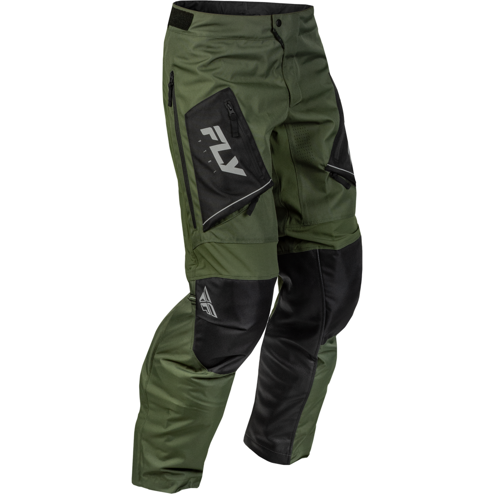 Green and black motocross pants with a large black thigh pocket featuring a white stylized logo, shown on a plain white background.