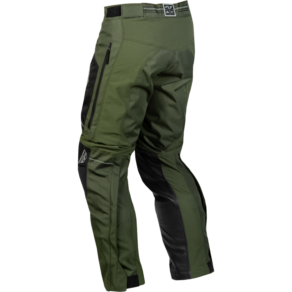 Olive green technical riding pants with black reinforced panels and a zippered pocket, shown from a three-quarters angle on a white background.