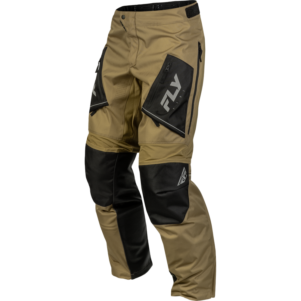 Tan and black Fly Racing motocross pants with knee and cargo pockets, shown on a white background.