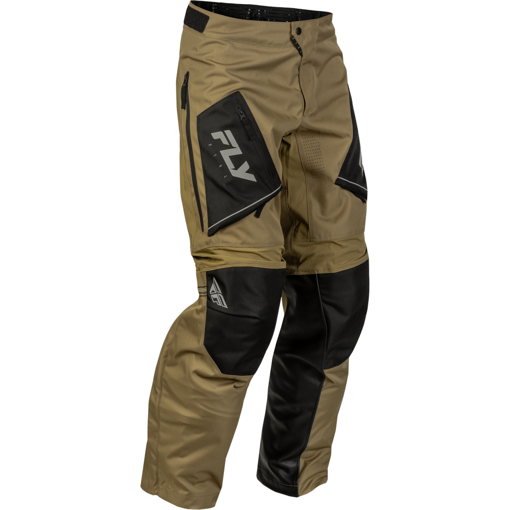 Tan and black motocross pants with large black knee and thigh panels, featuring the FXR logo on the upper thigh and a small logo near the lower leg, shown on a plain white background.