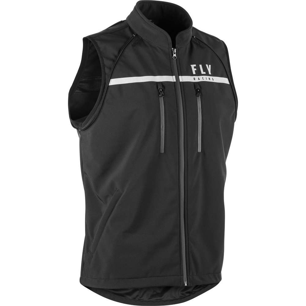 A black Fly Racing sleeveless riding vest with a white horizontal stripe across the chest and white 'FLY RACING' text on the left chest, shown on a plain white background.