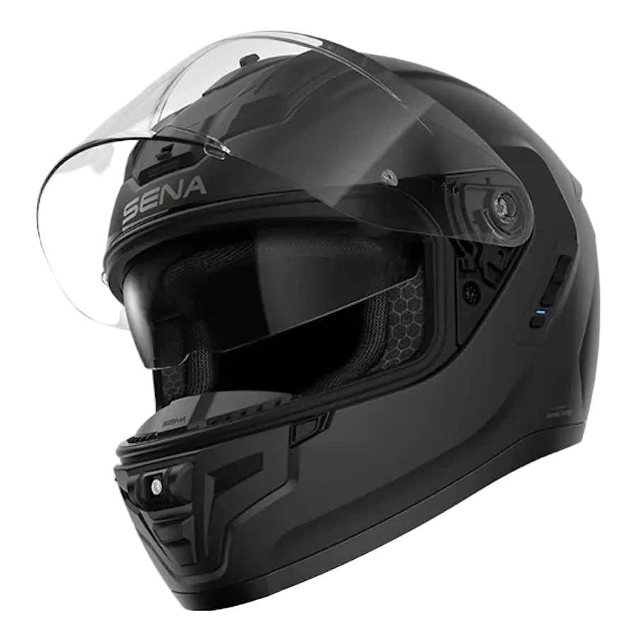 A matte black full-face motorcycle helmet with a clear visor, featuring the SENA brand name on the side, shown against a plain white background.