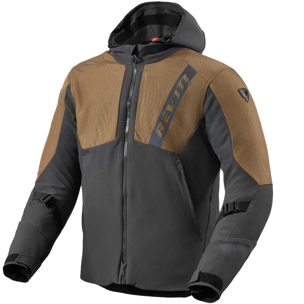 Brown and black jacket with brand logo on a light gray background