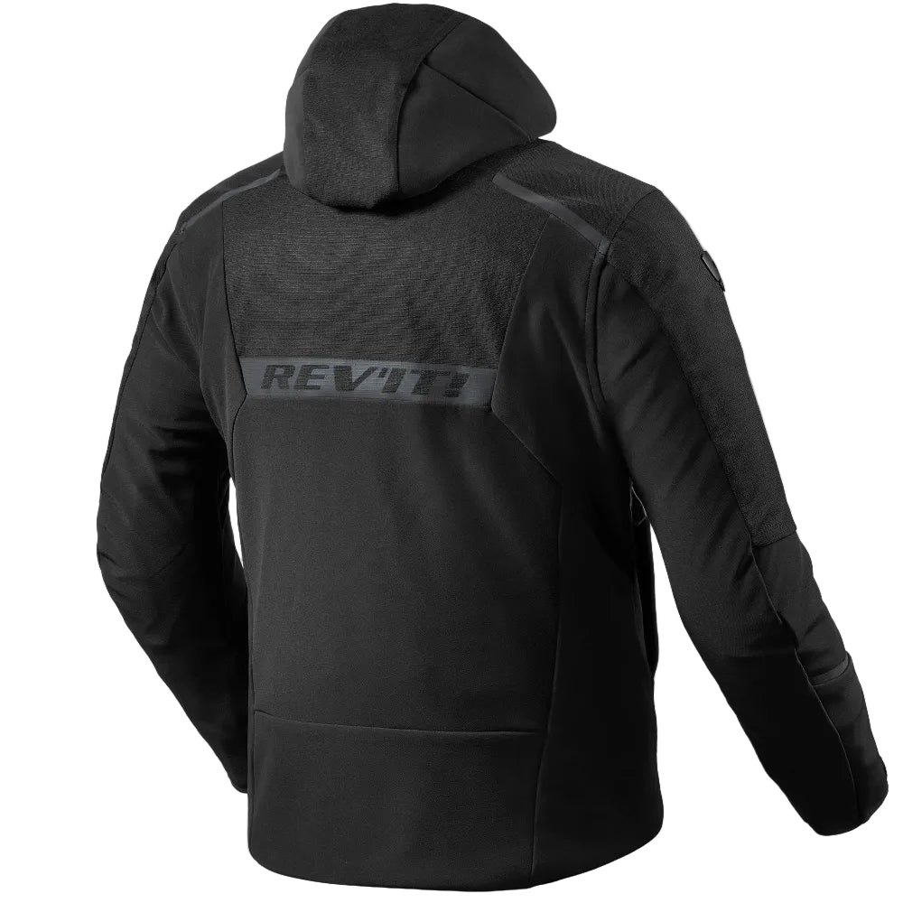 Black hoodie with 'REV'IT?' logo on the back against a white background