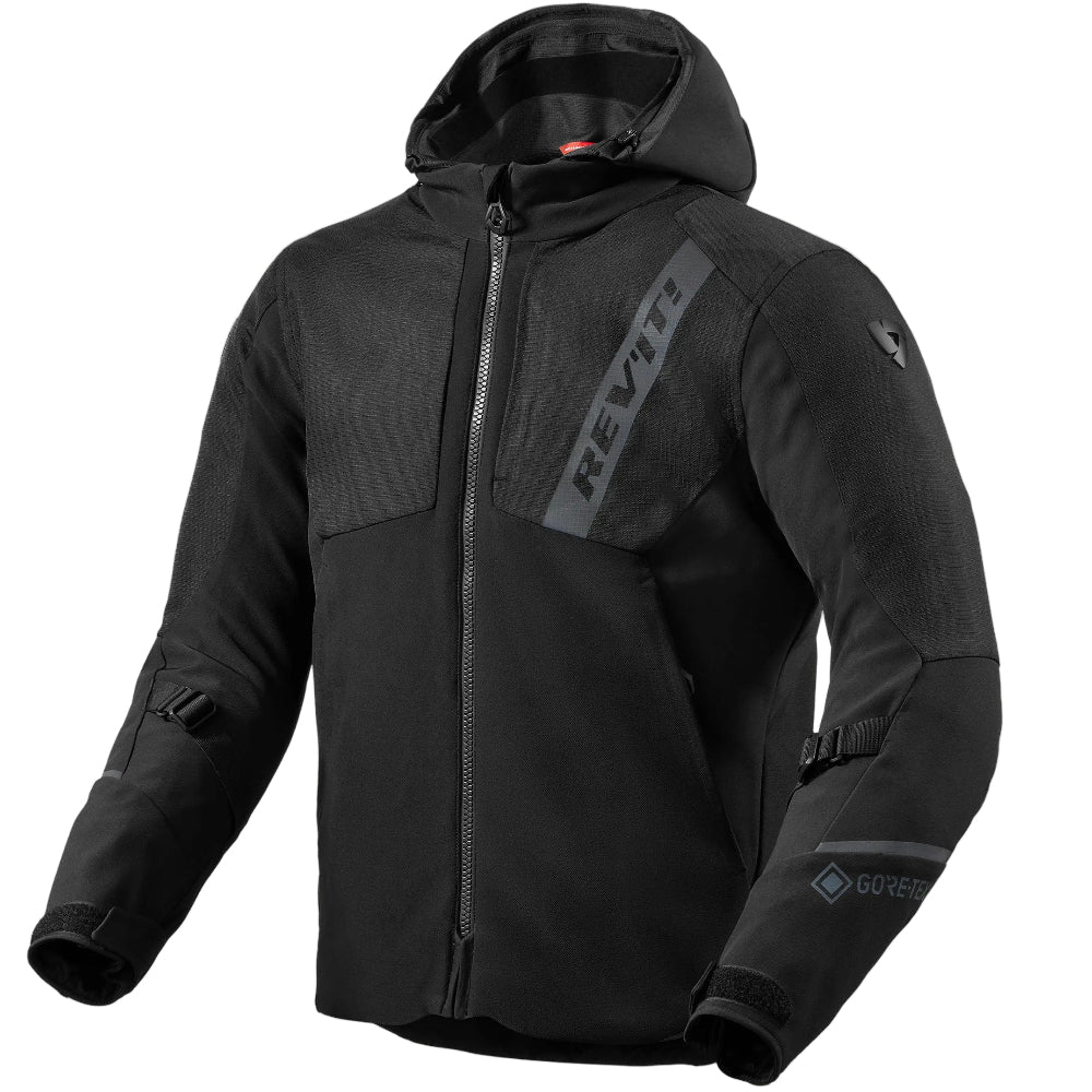 Black jacket with a brand logo on a white background
