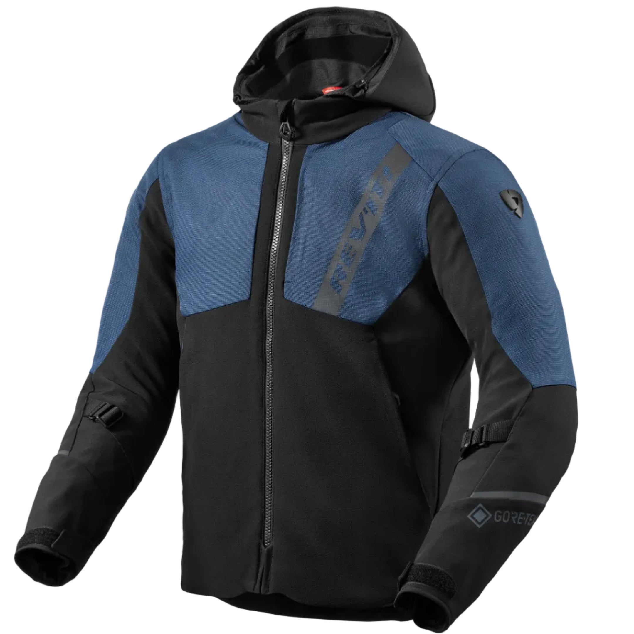 Black and blue jacket with a hood on a white background