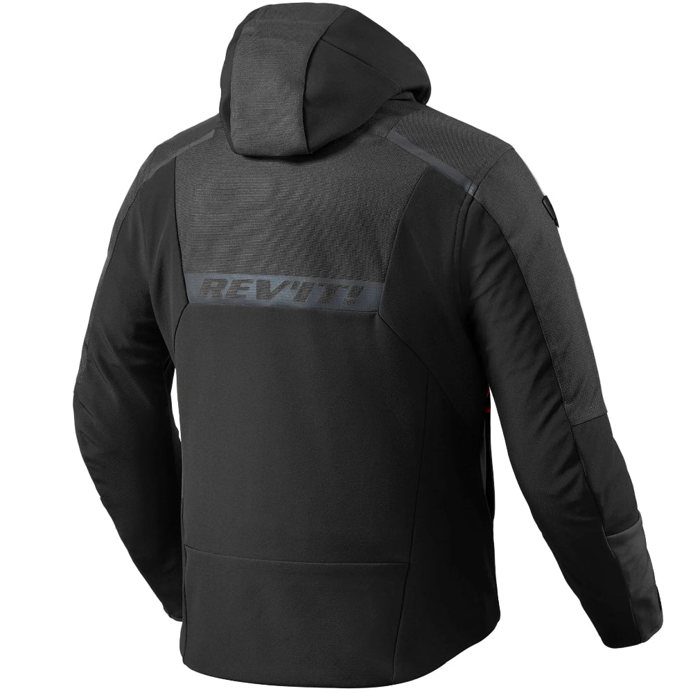 Black jacket with a brand logo on the back against a white background