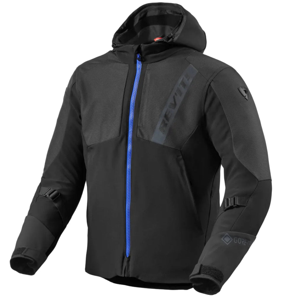 Black jacket with blue zipper on a light gray background