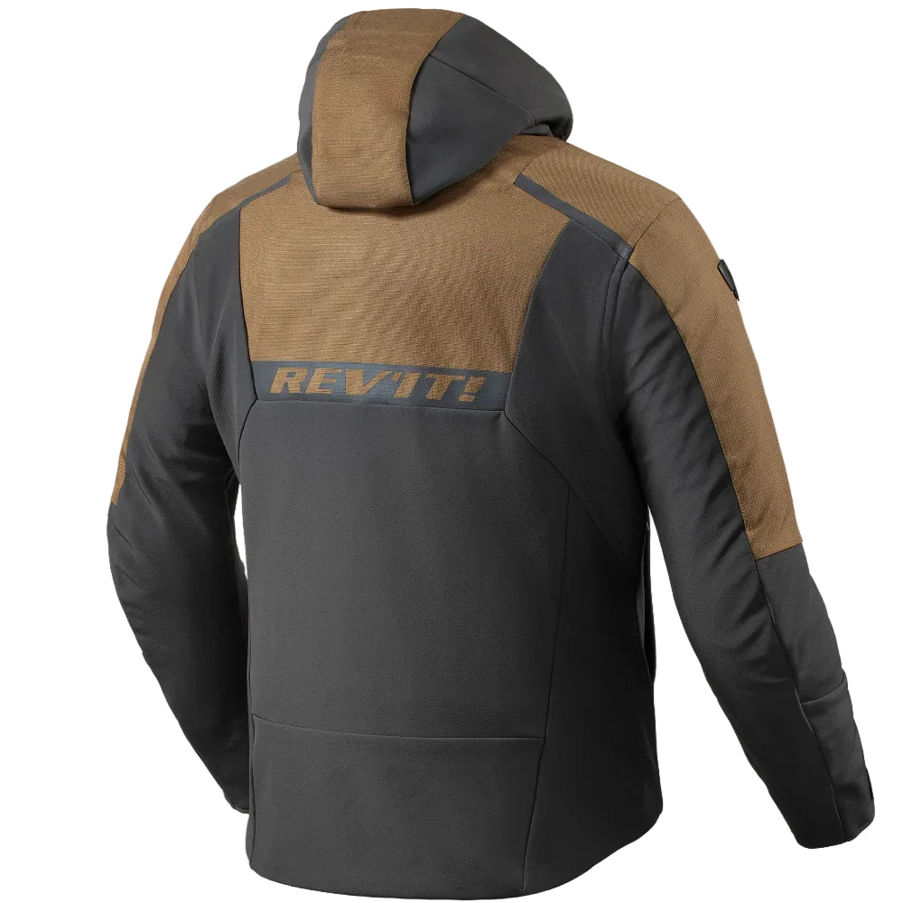 Back view of a brown and black jacket with 'REV'IT!' logo on a white background