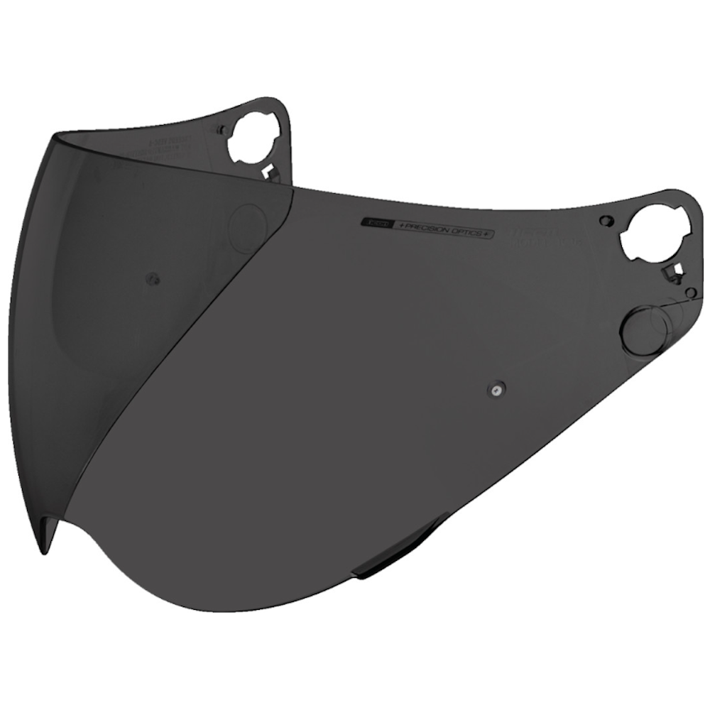 A dark gray tinted motorcycle helmet visor lens with mounting holes shown on a plain white background.