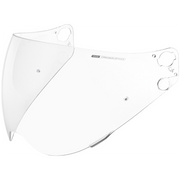 A clear motorcycle helmet visor lens with mounting holes, shown on a solid white background.