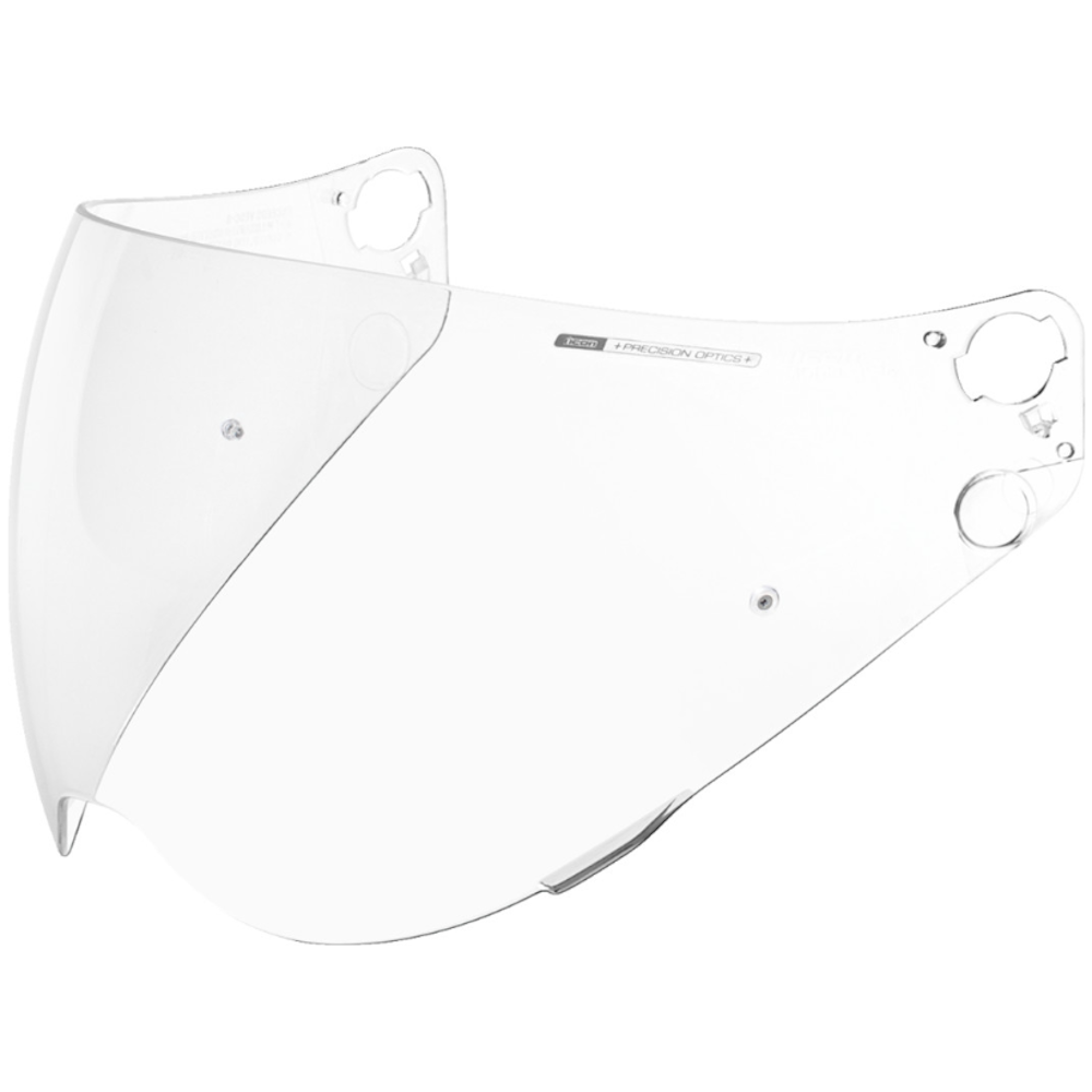 A clear motorcycle helmet visor lens with mounting holes, shown on a solid white background.