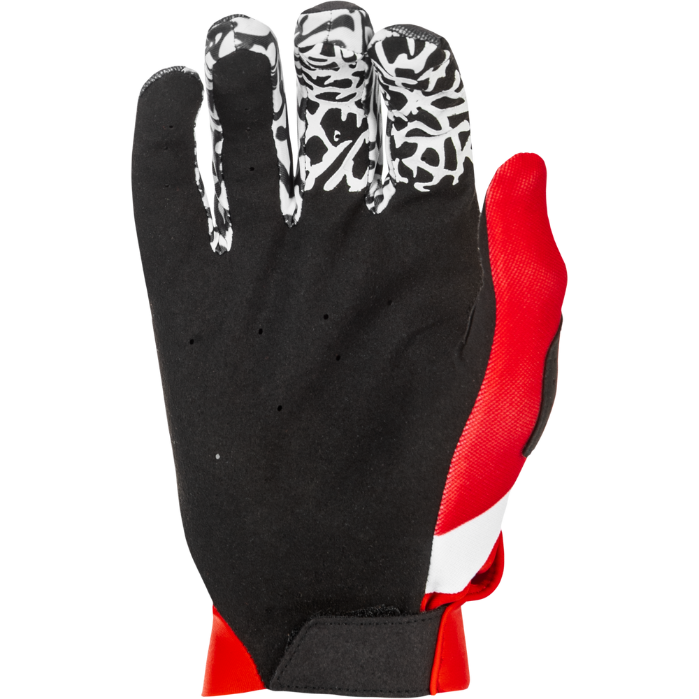 Black glove with red accents and patterned fingers on a white background