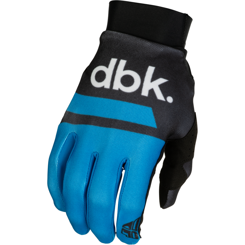 A single DBK brand motocross glove in black and bright blue, featuring a white 'dbk.' logo on the back, shown against a plain white background.