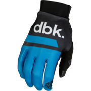A single DBK brand motocross glove in black and bright blue, featuring a white 'dbk.' logo on the back, shown against a plain white background.