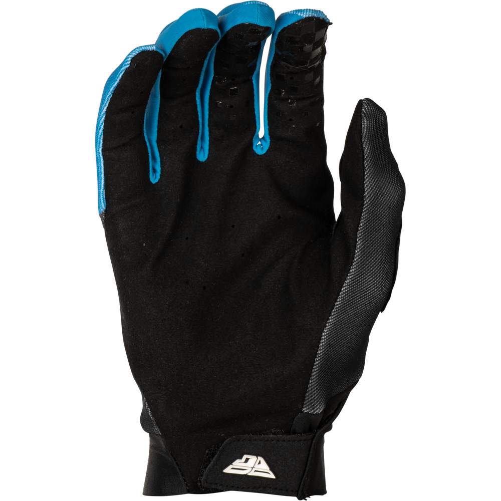 A black protective glove with bright blue accents on the fingers and thumb, featuring a textured palm and a small white logo on the wrist strap, shown against a plain white background.