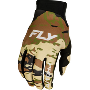 A single motocross or cycling glove with a camouflage pattern in tan, brown, and green, featuring black finger sections and a white 'FLY' logo on the back of the hand.