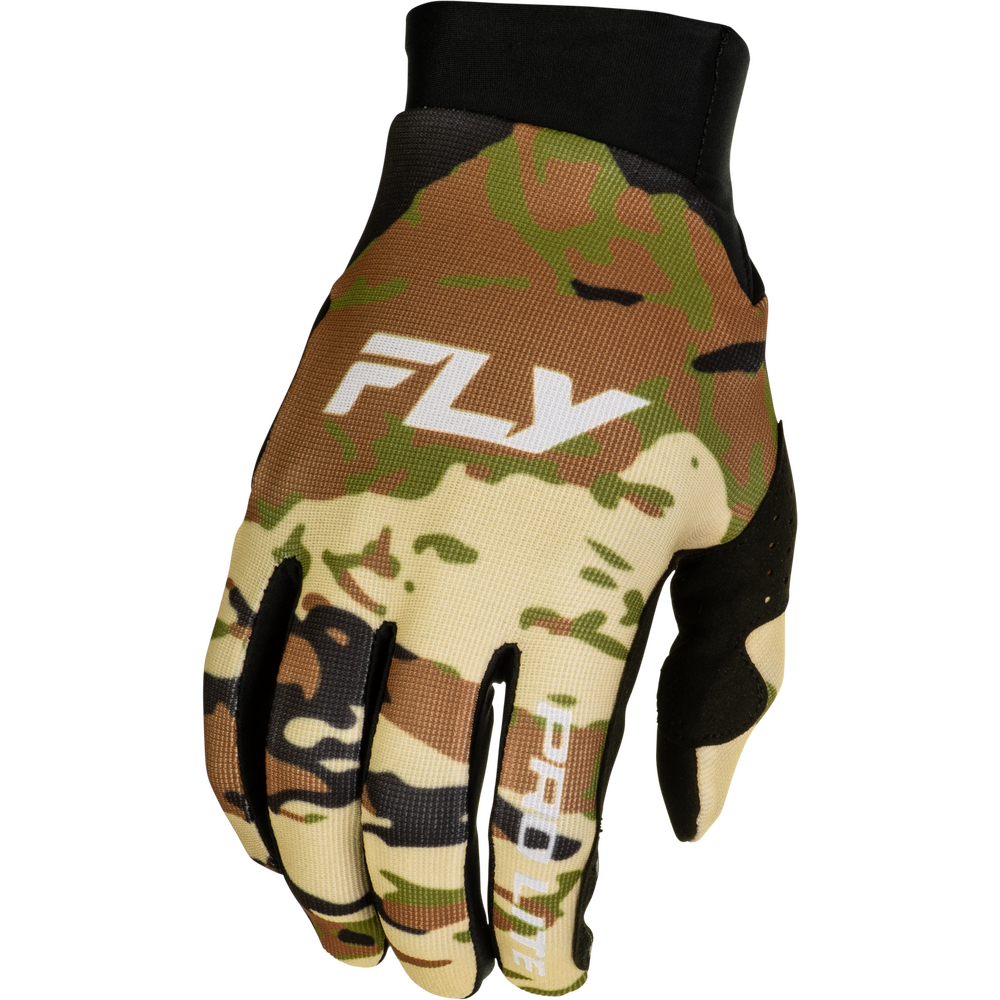 A single motocross or cycling glove with a camouflage pattern in tan, brown, and green, featuring black finger sections and a white 'FLY' logo on the back of the hand.
