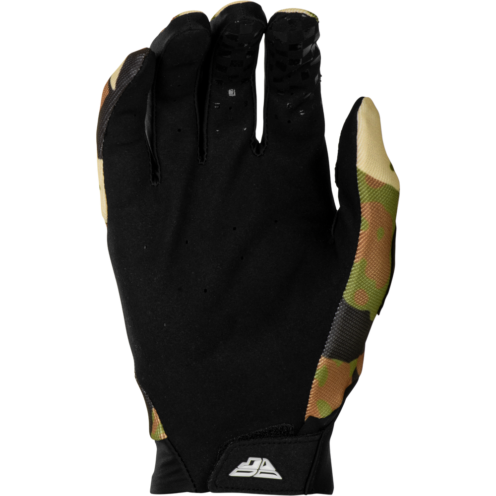 A single black motocross glove with camouflage-patterned accents on the thumb side and back of the hand, featuring a white logo on the wrist cuff.
