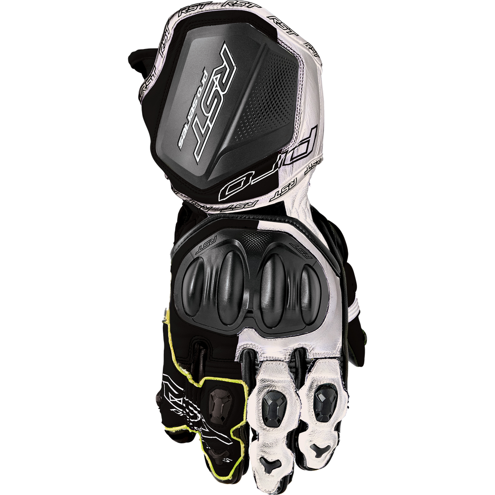 Motorcycle glove with brand logo on a white background