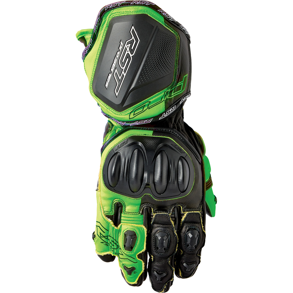 Green and black motorcycle glove with brand logo on a white background