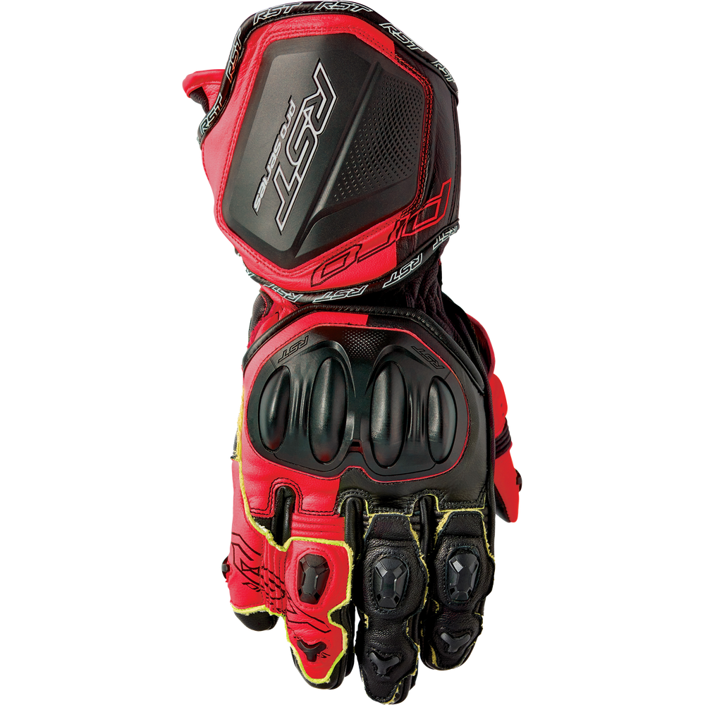 Red and black motorcycle glove with visible branding on a white background