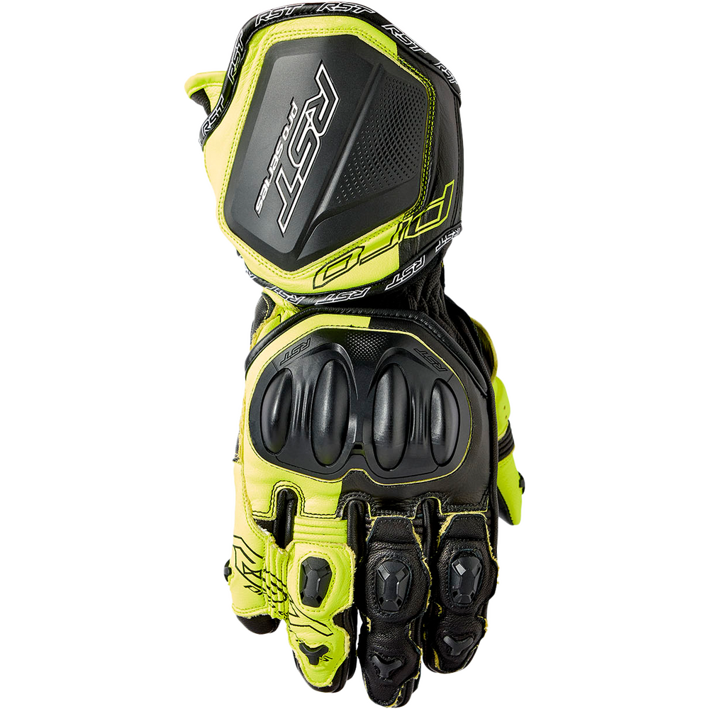 Yellow and black motorcycle glove with brand logo on a white background