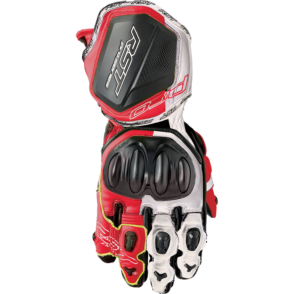 Red, black, and white motorcycle glove with brand logo on a white background