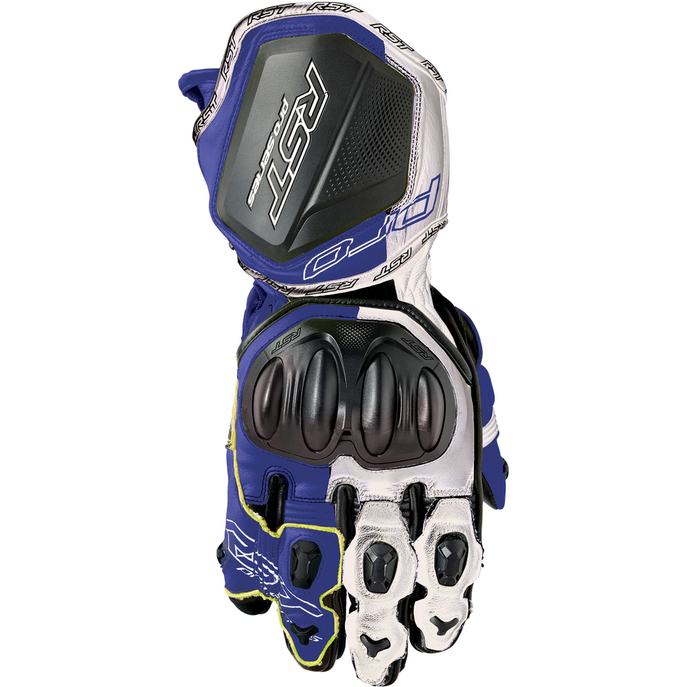 Motorcycle glove with blue, white, and black design on a white background