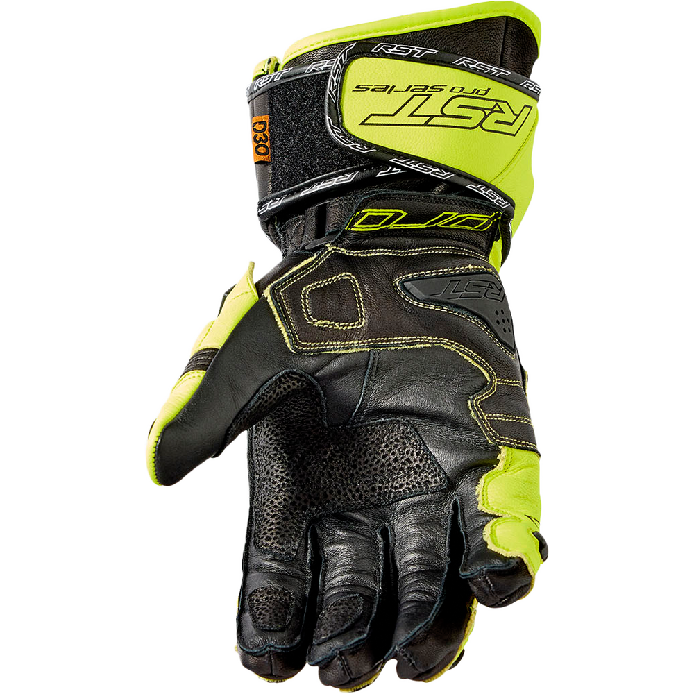 Black and neon yellow glove with branding on a white background