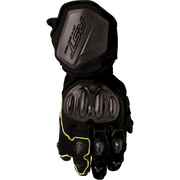Black motorcycle glove with yellow accents on a white background