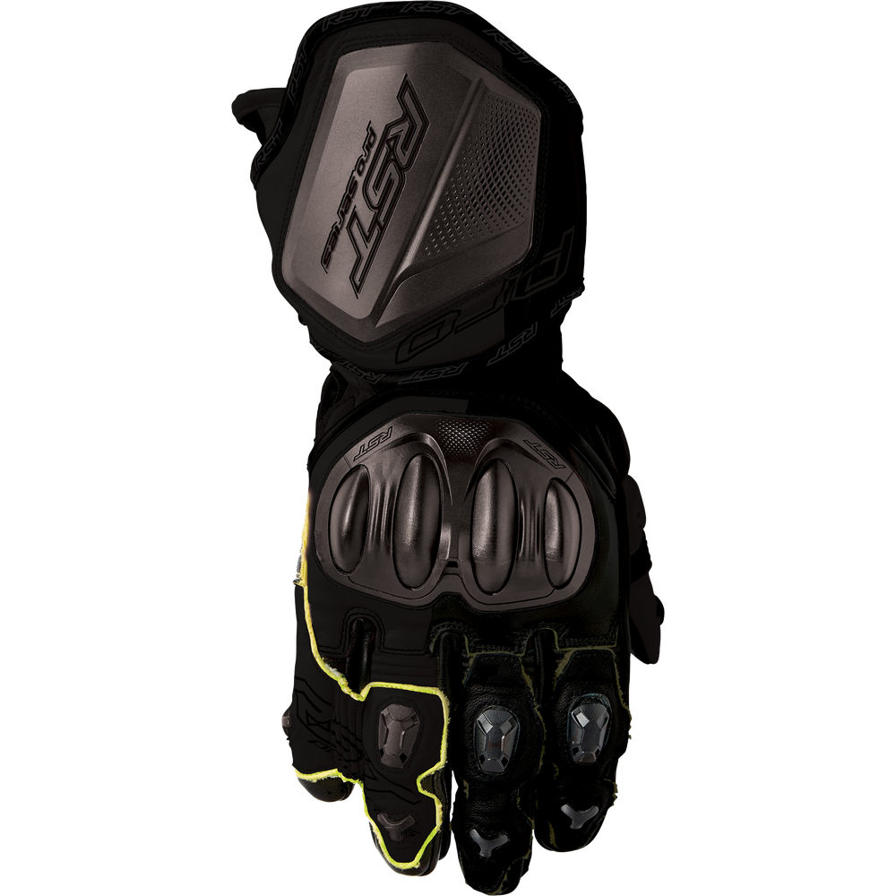 Black motorcycle glove with yellow accents on a white background