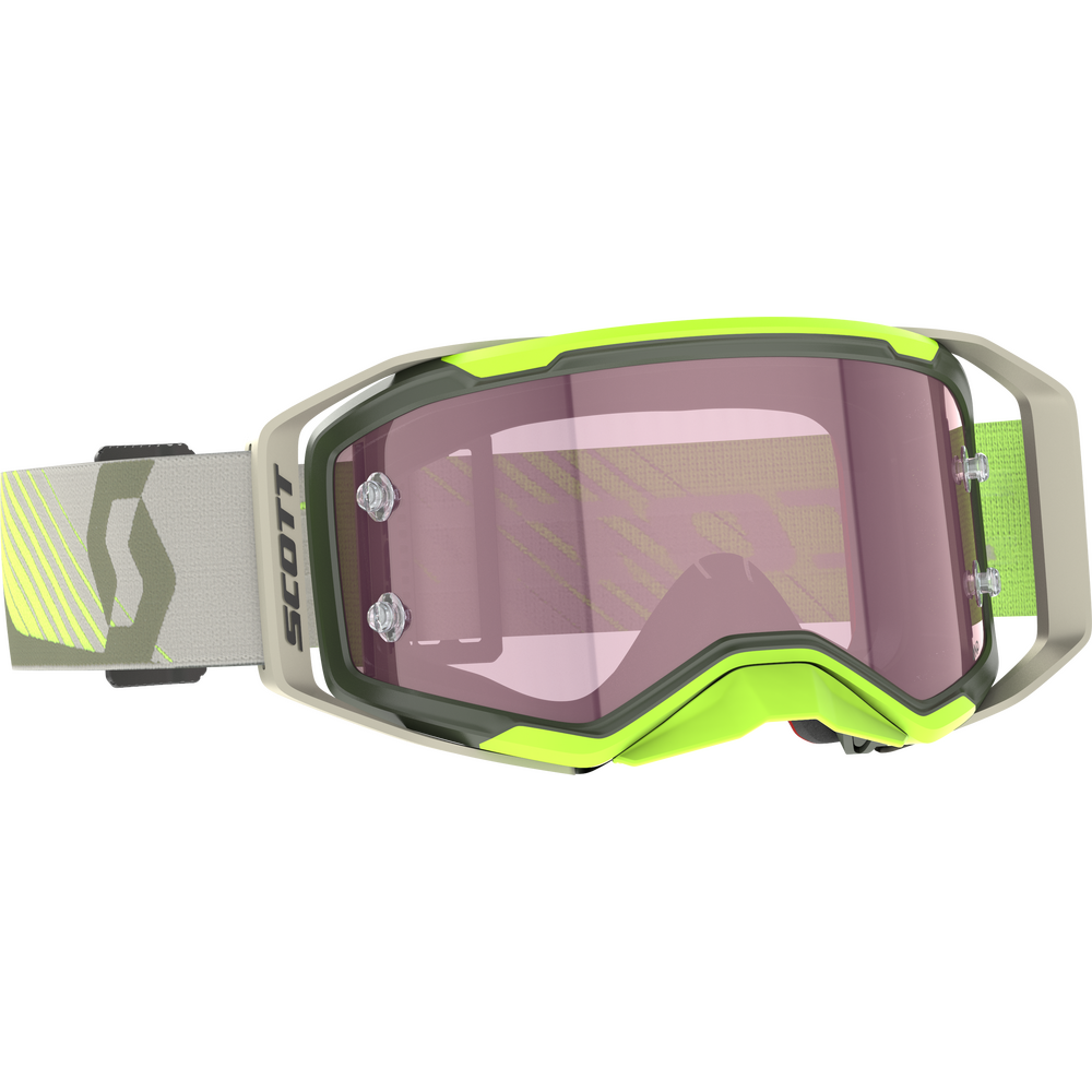 Scott motocross goggles with a bright neon yellow-green frame, a gray strap, and a tinted pinkish-purple lens.
