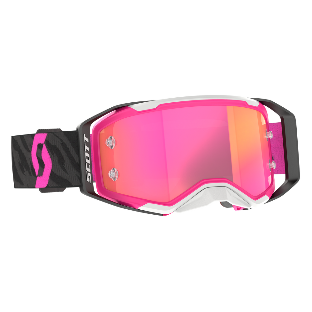 Pink and black goggles with a white frame on a white background