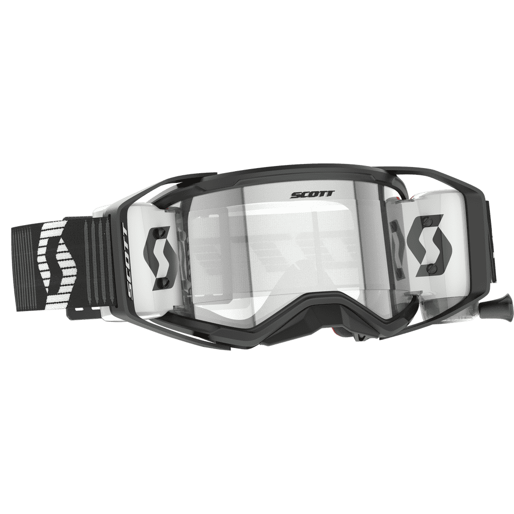 Scott motocross goggles with a black frame, clear lens, and a black and white patterned strap, shown against a plain white background.