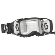 Scott motocross goggles with a black frame, clear lens, and a black and white patterned strap, shown against a plain white background.