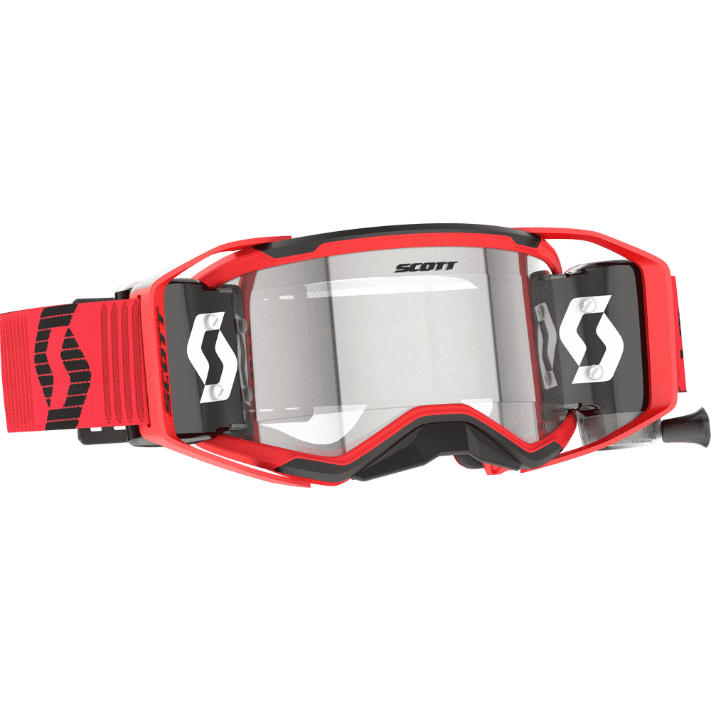 Scott motocross goggles with a red and black frame, a clear visor, and a red and black strap, shown on a white background.